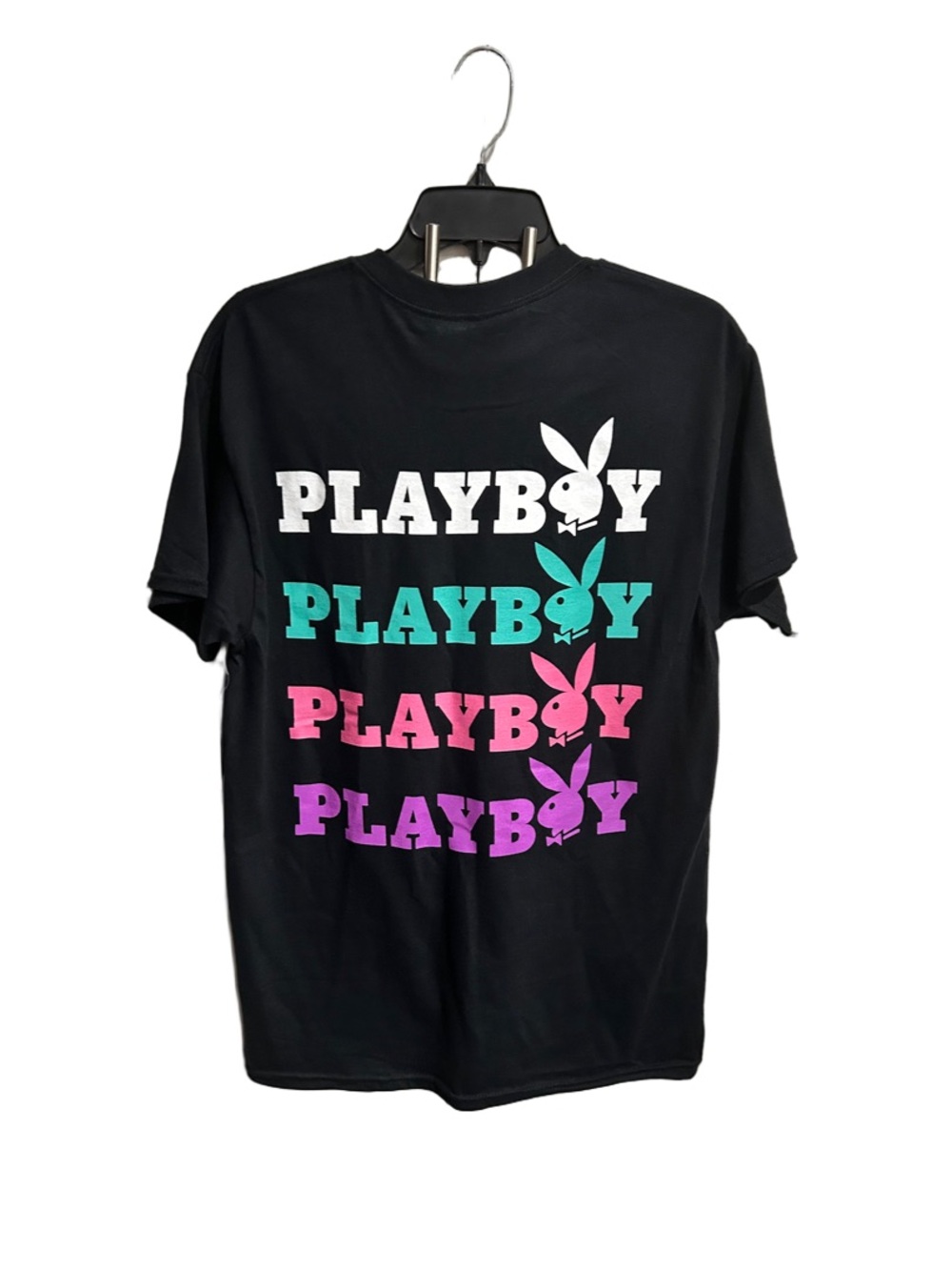 PLAYBOY Black Tee with White, Teal, Pink & Purple Logo Stack